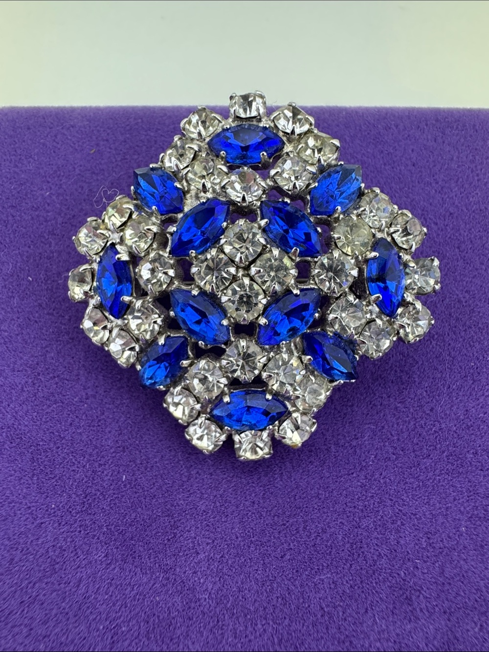 💛 Vintage Blue Crystal Pavé Statement Brooch | Bold 50s Statement